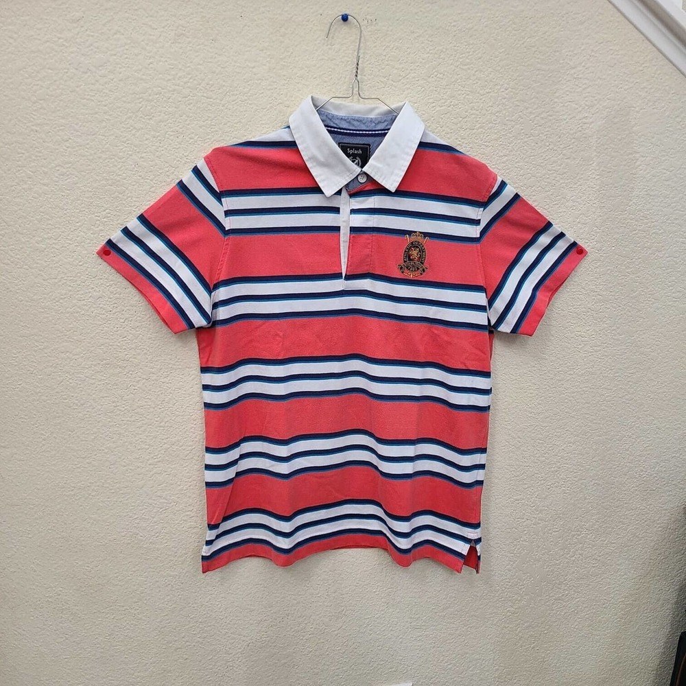 Splash Orange With White,Light And Dark Blue Stripes Boy's Collared Shirt Size M